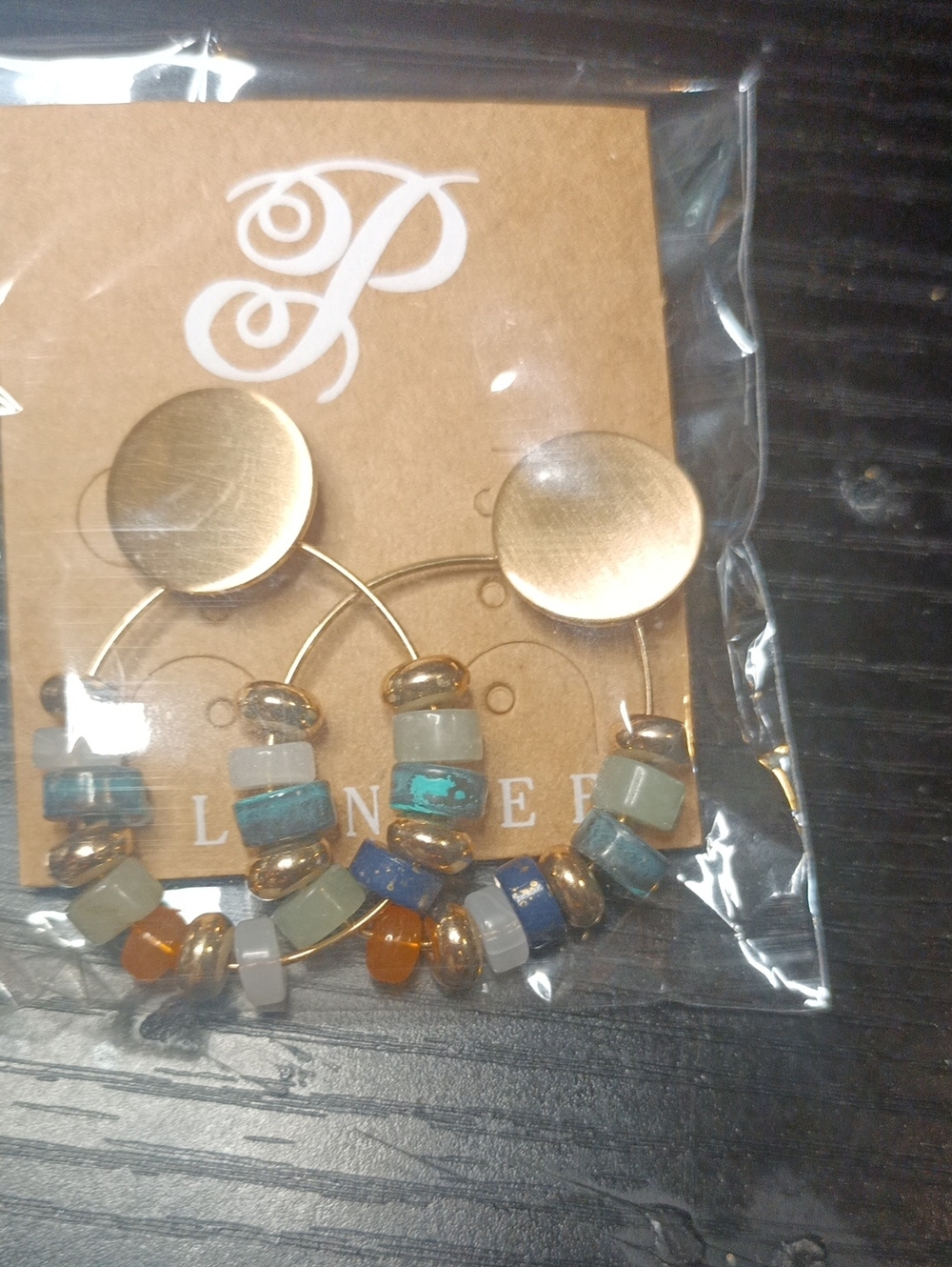 Plunder Gold Hoop Earrings with Blue, Teal, White, and Amber Beads